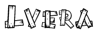 The image contains the name Lvera written in a decorative, stylized font with a hand-drawn appearance. The lines are made up of what appears to be planks of wood, which are nailed together