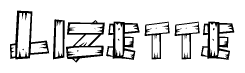 The clipart image shows the name Lizette stylized to look as if it has been constructed out of wooden planks or logs. Each letter is designed to resemble pieces of wood.