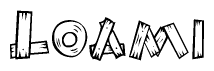 The clipart image shows the name Loami stylized to look as if it has been constructed out of wooden planks or logs. Each letter is designed to resemble pieces of wood.