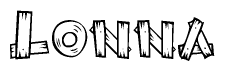 The image contains the name Lonna written in a decorative, stylized font with a hand-drawn appearance. The lines are made up of what appears to be planks of wood, which are nailed together