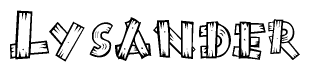 The image contains the name Lysander written in a decorative, stylized font with a hand-drawn appearance. The lines are made up of what appears to be planks of wood, which are nailed together