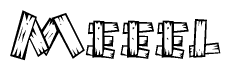 The image contains the name Meeel written in a decorative, stylized font with a hand-drawn appearance. The lines are made up of what appears to be planks of wood, which are nailed together