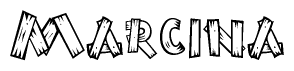 The image contains the name Marcina written in a decorative, stylized font with a hand-drawn appearance. The lines are made up of what appears to be planks of wood, which are nailed together