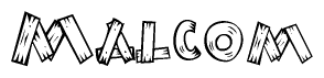 The image contains the name Malcom written in a decorative, stylized font with a hand-drawn appearance. The lines are made up of what appears to be planks of wood, which are nailed together