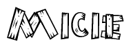 The clipart image shows the name Micie stylized to look as if it has been constructed out of wooden planks or logs. Each letter is designed to resemble pieces of wood.
