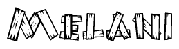 The image contains the name Melani written in a decorative, stylized font with a hand-drawn appearance. The lines are made up of what appears to be planks of wood, which are nailed together