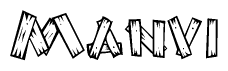The clipart image shows the name Manvi stylized to look like it is constructed out of separate wooden planks or boards, with each letter having wood grain and plank-like details.