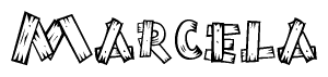 The clipart image shows the name Marcela stylized to look as if it has been constructed out of wooden planks or logs. Each letter is designed to resemble pieces of wood.