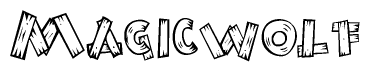 The image contains the name Magicwolf written in a decorative, stylized font with a hand-drawn appearance. The lines are made up of what appears to be planks of wood, which are nailed together