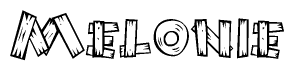 The image contains the name Melonie written in a decorative, stylized font with a hand-drawn appearance. The lines are made up of what appears to be planks of wood, which are nailed together