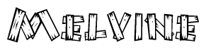 The image contains the name Melvine written in a decorative, stylized font with a hand-drawn appearance. The lines are made up of what appears to be planks of wood, which are nailed together
