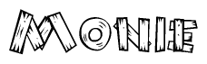 The clipart image shows the name Monie stylized to look like it is constructed out of separate wooden planks or boards, with each letter having wood grain and plank-like details.