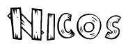 The clipart image shows the name Nicos stylized to look as if it has been constructed out of wooden planks or logs. Each letter is designed to resemble pieces of wood.