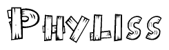 The image contains the name Phyliss written in a decorative, stylized font with a hand-drawn appearance. The lines are made up of what appears to be planks of wood, which are nailed together