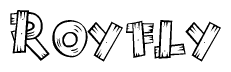 The image contains the name Royfly written in a decorative, stylized font with a hand-drawn appearance. The lines are made up of what appears to be planks of wood, which are nailed together