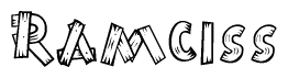 The image contains the name Ramciss written in a decorative, stylized font with a hand-drawn appearance. The lines are made up of what appears to be planks of wood, which are nailed together