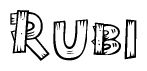 The clipart image shows the name Rubi stylized to look as if it has been constructed out of wooden planks or logs. Each letter is designed to resemble pieces of wood.