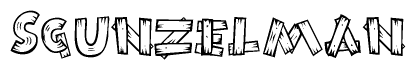 The image contains the name Sgunzelman written in a decorative, stylized font with a hand-drawn appearance. The lines are made up of what appears to be planks of wood, which are nailed together