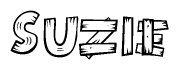 The image contains the name Suzie written in a decorative, stylized font with a hand-drawn appearance. The lines are made up of what appears to be planks of wood, which are nailed together