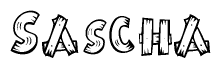 The clipart image shows the name Sascha stylized to look like it is constructed out of separate wooden planks or boards, with each letter having wood grain and plank-like details.