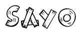 The image contains the name Sayo written in a decorative, stylized font with a hand-drawn appearance. The lines are made up of what appears to be planks of wood, which are nailed together
