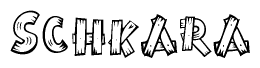 The clipart image shows the name Schkara stylized to look as if it has been constructed out of wooden planks or logs. Each letter is designed to resemble pieces of wood.
