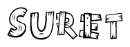 The image contains the name Suret written in a decorative, stylized font with a hand-drawn appearance. The lines are made up of what appears to be planks of wood, which are nailed together