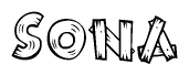 The image contains the name Sona written in a decorative, stylized font with a hand-drawn appearance. The lines are made up of what appears to be planks of wood, which are nailed together