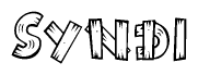 The image contains the name Syndi written in a decorative, stylized font with a hand-drawn appearance. The lines are made up of what appears to be planks of wood, which are nailed together