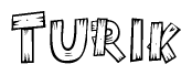 The clipart image shows the name Turik stylized to look as if it has been constructed out of wooden planks or logs. Each letter is designed to resemble pieces of wood.