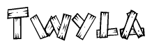   The image contains the name Twyla written in a decorative, stylized font with a hand-drawn appearance. The lines are made up of what appears to be planks of wood, which are nailed together 