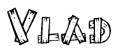 The clipart image shows the name Vlad stylized to look as if it has been constructed out of wooden planks or logs. Each letter is designed to resemble pieces of wood.