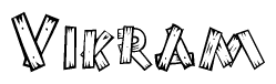 The image contains the name Vikram written in a decorative, stylized font with a hand-drawn appearance. The lines are made up of what appears to be planks of wood, which are nailed together