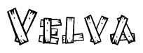 The clipart image shows the name Velva stylized to look as if it has been constructed out of wooden planks or logs. Each letter is designed to resemble pieces of wood.