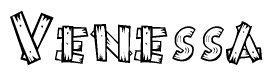 The image contains the name Venessa written in a decorative, stylized font with a hand-drawn appearance. The lines are made up of what appears to be planks of wood, which are nailed together