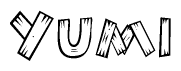 The image contains the name Yumi written in a decorative, stylized font with a hand-drawn appearance. The lines are made up of what appears to be planks of wood, which are nailed together