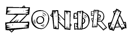 The image contains the name Zondra written in a decorative, stylized font with a hand-drawn appearance. The lines are made up of what appears to be planks of wood, which are nailed together