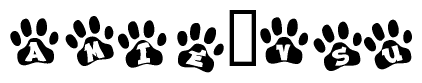 The image shows a series of animal paw prints arranged in a horizontal line. Each paw print contains a letter, and together they spell out the word Amie vsu.