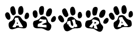 The image shows a row of animal paw prints, each containing a letter. The letters spell out the word Azura within the paw prints.
