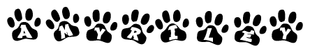 The image shows a series of animal paw prints arranged in a horizontal line. Each paw print contains a letter, and together they spell out the word Amyriley.