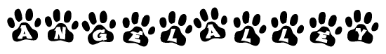 The image shows a row of animal paw prints, each containing a letter. The letters spell out the word Angelalley within the paw prints.