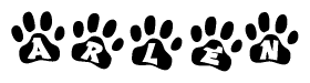 The image shows a series of animal paw prints arranged horizontally. Within each paw print, there's a letter; together they spell Arlen