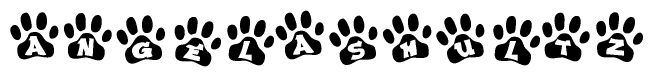 The image shows a row of animal paw prints, each containing a letter. The letters spell out the word Angelashultz within the paw prints.