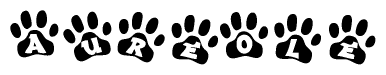 The image shows a series of animal paw prints arranged in a horizontal line. Each paw print contains a letter, and together they spell out the word Aureole.