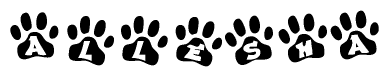 The image shows a series of animal paw prints arranged horizontally. Within each paw print, there's a letter; together they spell Allesha