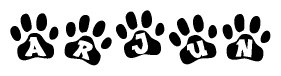 The image shows a series of animal paw prints arranged horizontally. Within each paw print, there's a letter; together they spell Arjun
