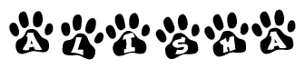 The image shows a row of animal paw prints, each containing a letter. The letters spell out the word Alisha within the paw prints.