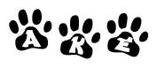 The image shows a series of animal paw prints arranged horizontally. Within each paw print, there's a letter; together they spell Ake