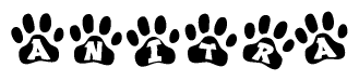 The image shows a series of animal paw prints arranged horizontally. Within each paw print, there's a letter; together they spell Anitra
