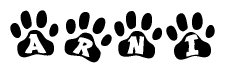 The image shows a series of animal paw prints arranged horizontally. Within each paw print, there's a letter; together they spell Arni